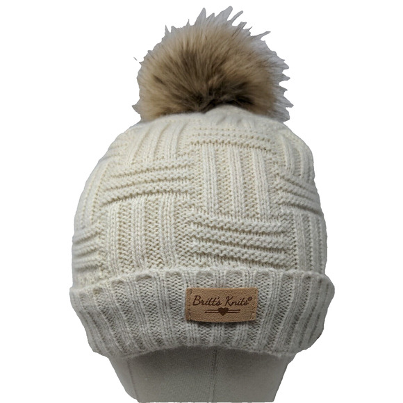 Britt's Knits Beanie Hat Cream One Size Hand Knitted Faux Fur Pom Pom - Picture 1 of 9